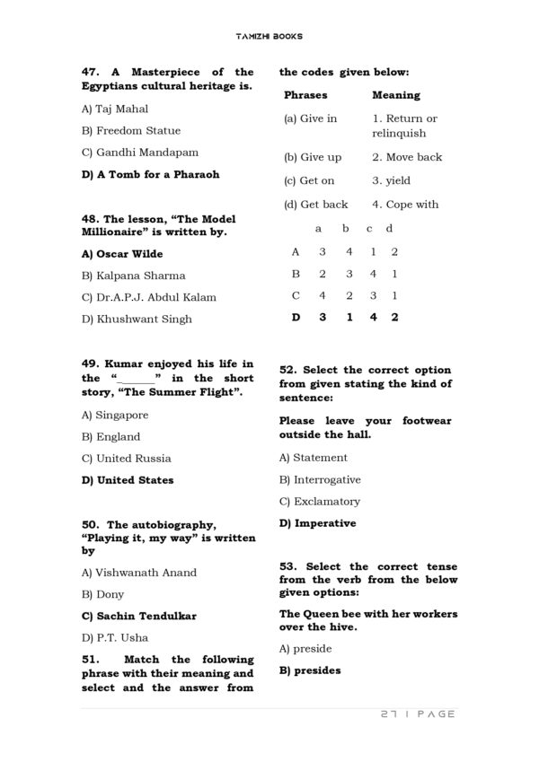 TNPSC Previous Years General English Questions