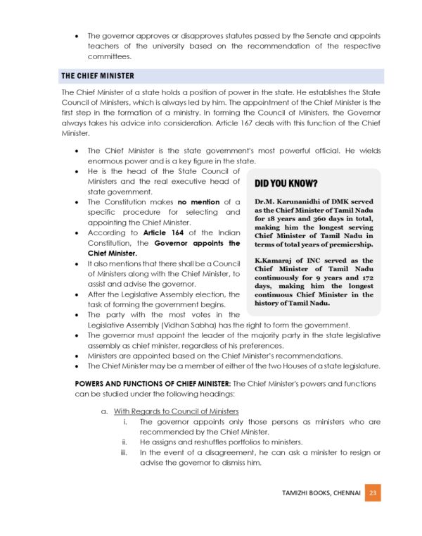 Administration and Governance of States with Specific Reference to Tamil Nadu